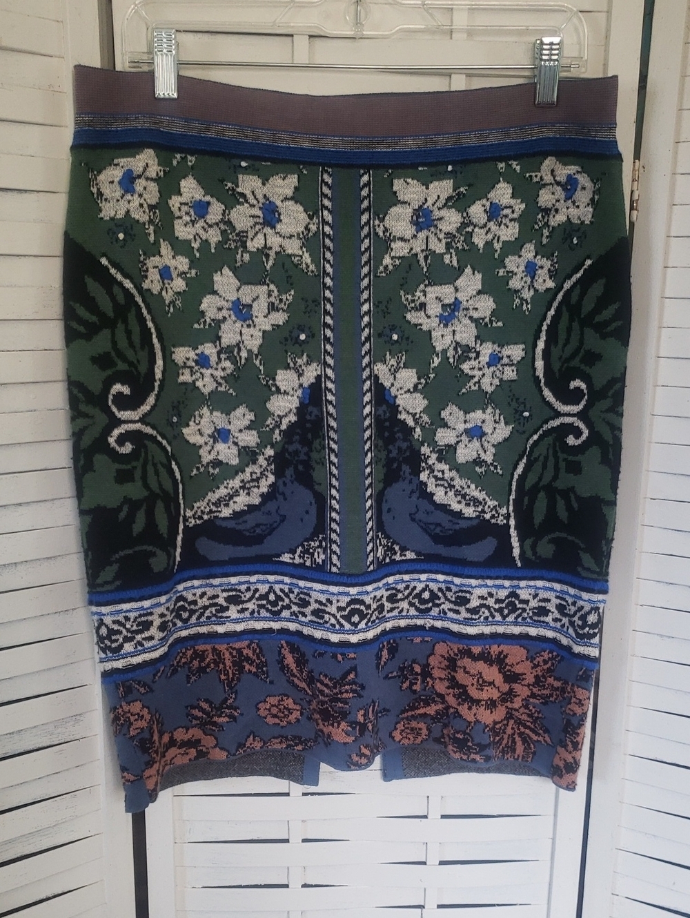 Anthropologie Moth Floral Jacquard Knit Pencil Skirt in Green & Blue M